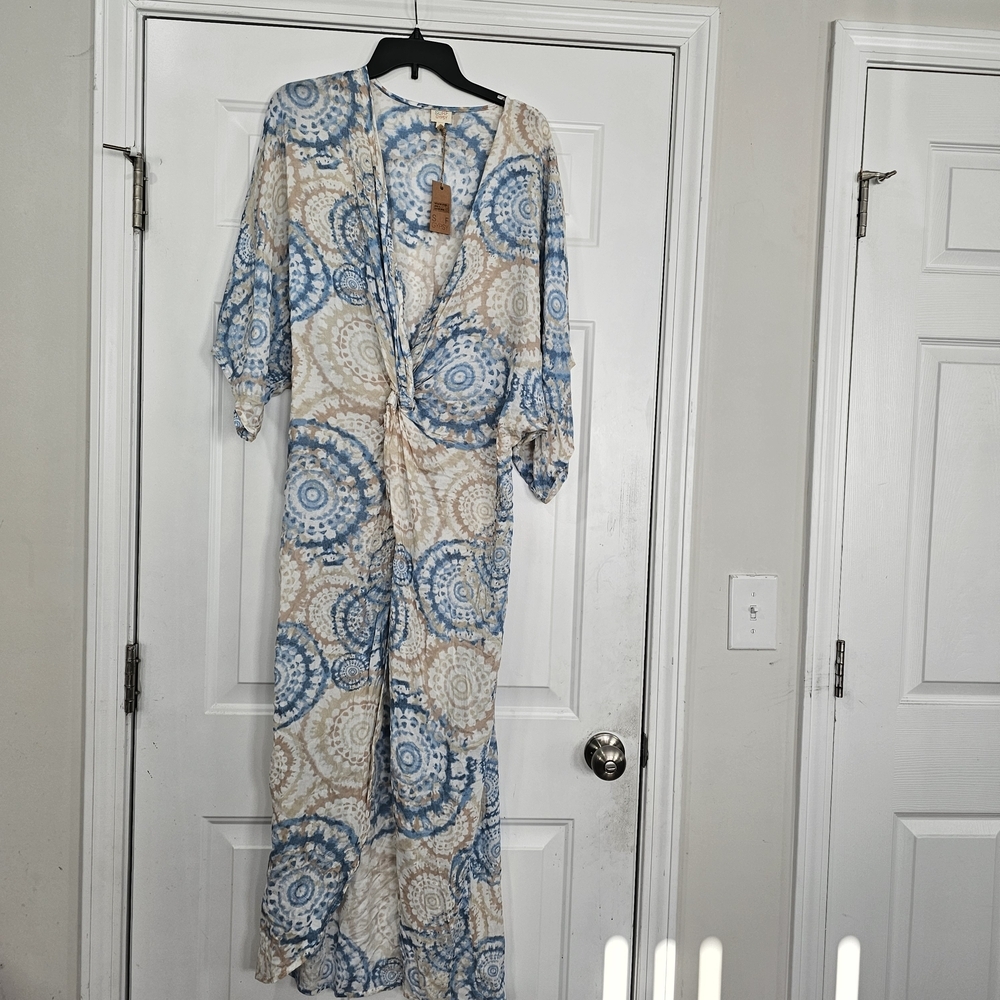 Surf Gypsy Blue and Cream Maxi Coverup Size Small Coastal Boho - Picture 3 of 11